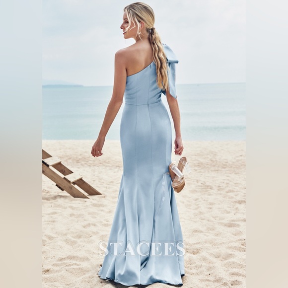 🆕 STACEES Trumpet/Mermaid One-Shoulder Stretch Satin Bridesmaid Dress Bowknot 2 - Picture 3 of 11